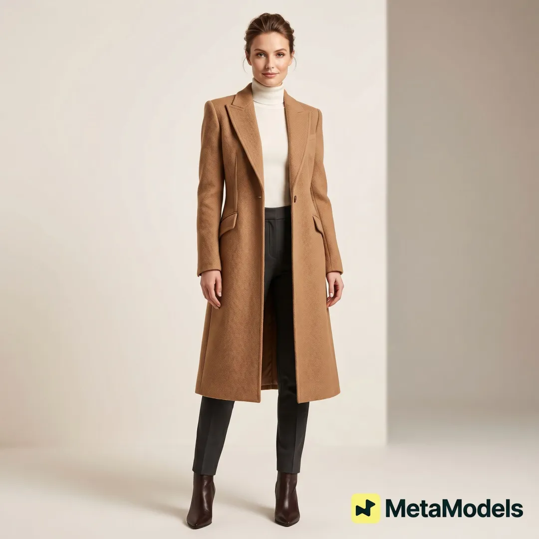 Detailed longline coat product image on AI model