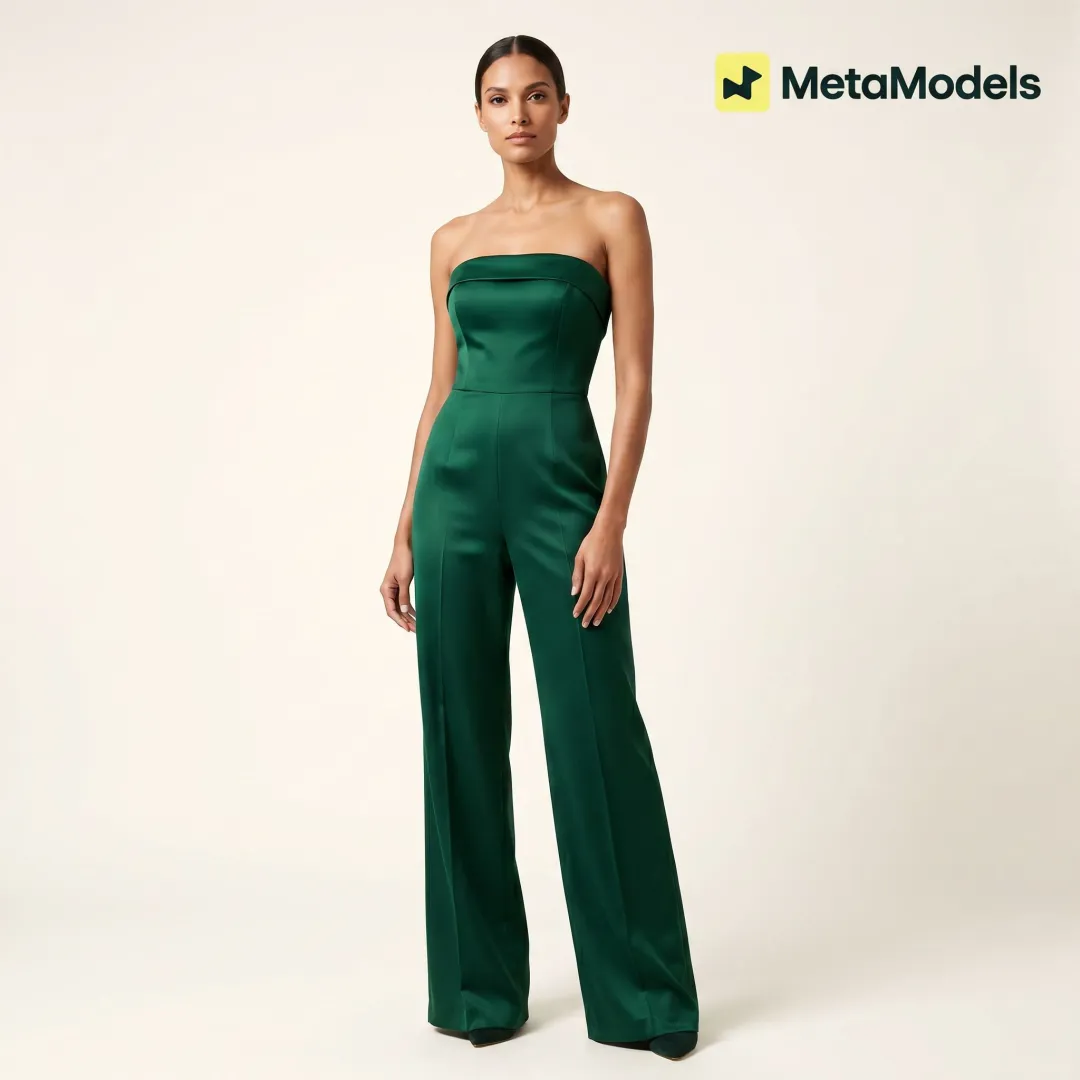 Fashion brand strapless jumpsuit shown on an AI model