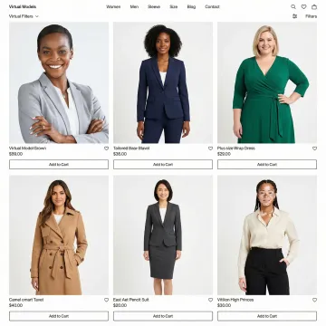 AI-generated on-model fashion product images displayed on an e-commerce website interface