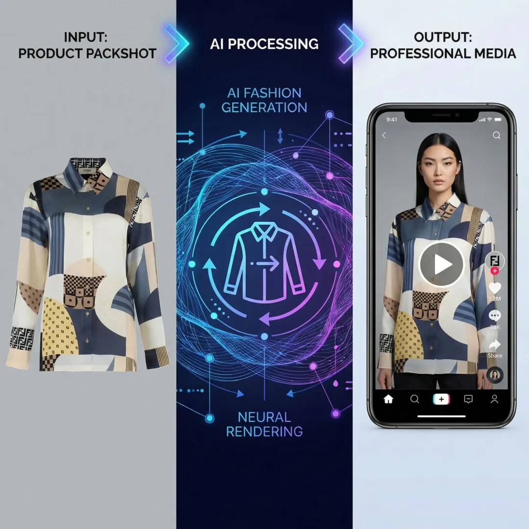 Behind-the-scenes view of AI fashion video generation process on computer screen