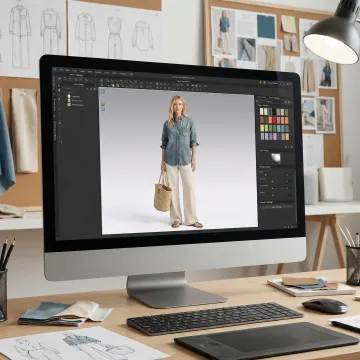 3D fashion design software interface showing virtual model wearing designer clothing