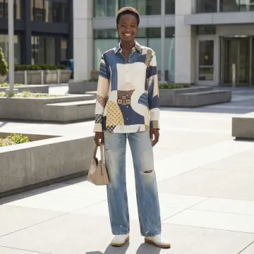 Professional lifestyle product photography featuring AI model wearing contemporary fashion in natural setting