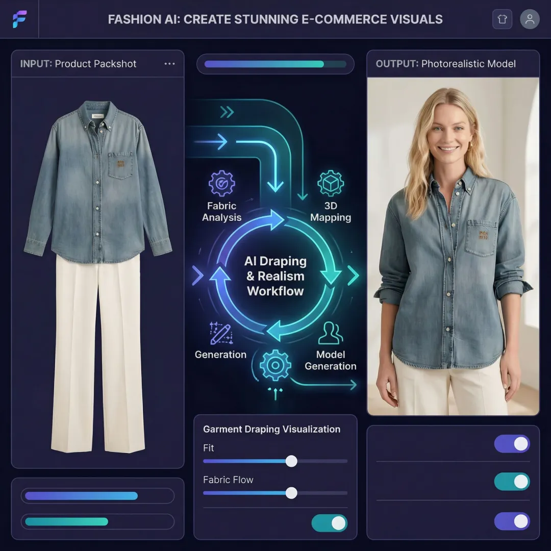 Step-by-step AI fashion model image generation process on a digital platform interface