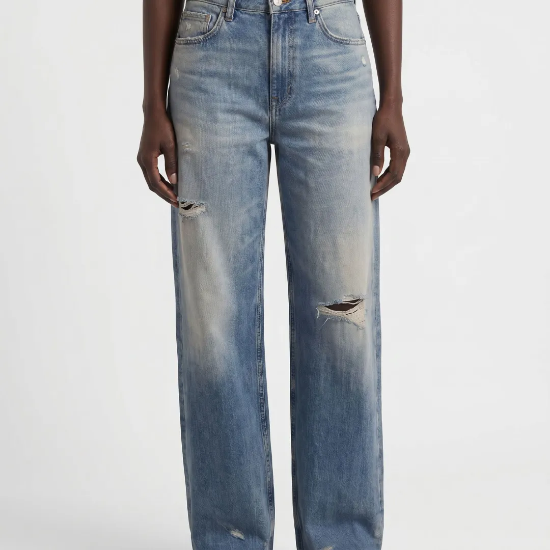 Detailed AI denim product image on model