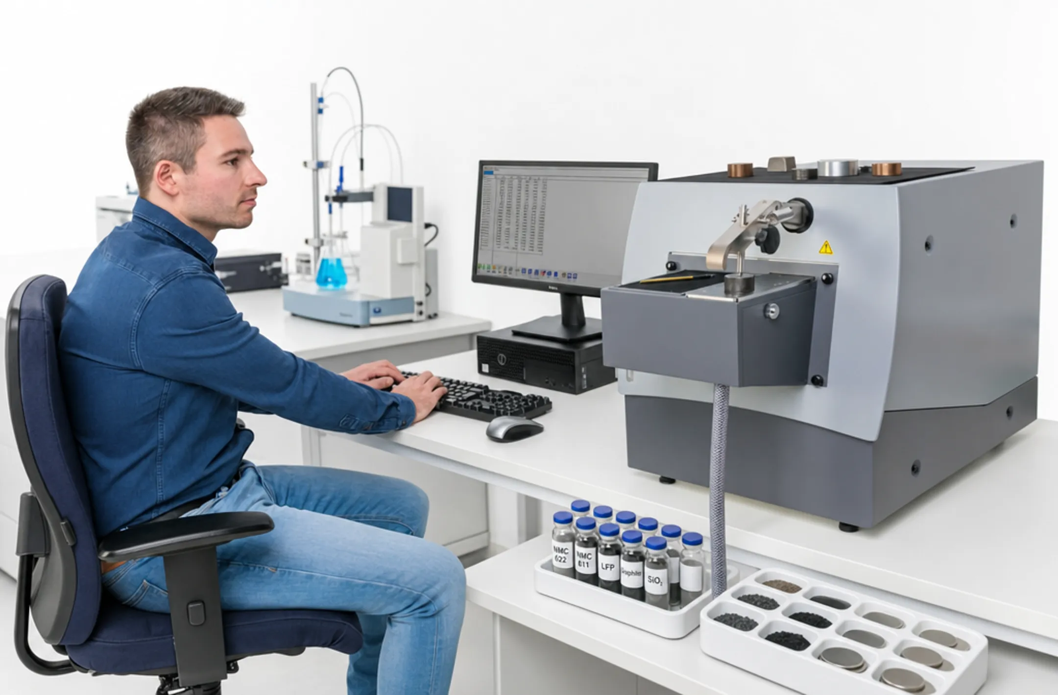 Laboratory technician operating spectroscopy equipment analyzing battery material samples