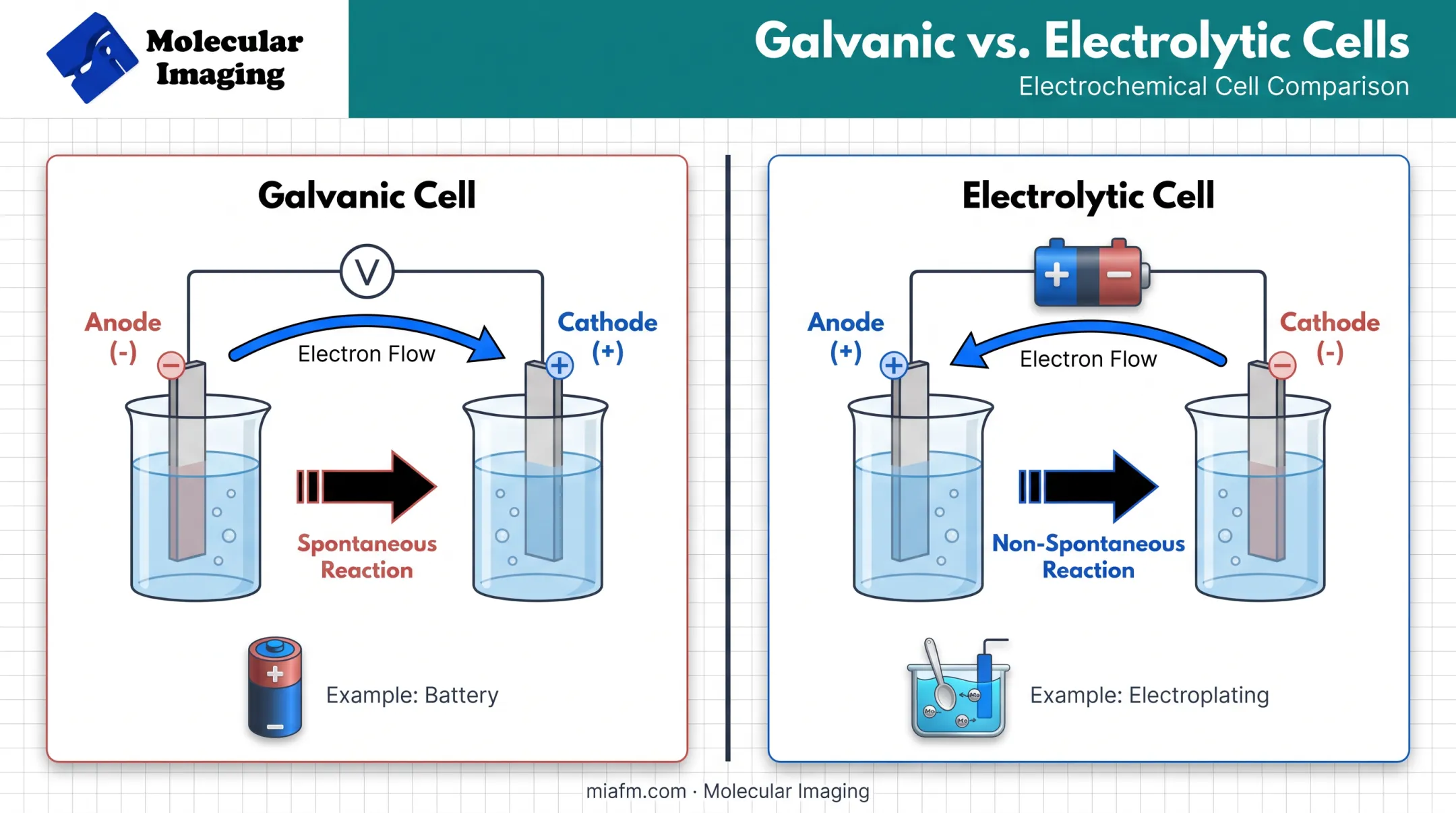 Galvanic versus electrolytic cell comparison showing polarity and electron flow differences