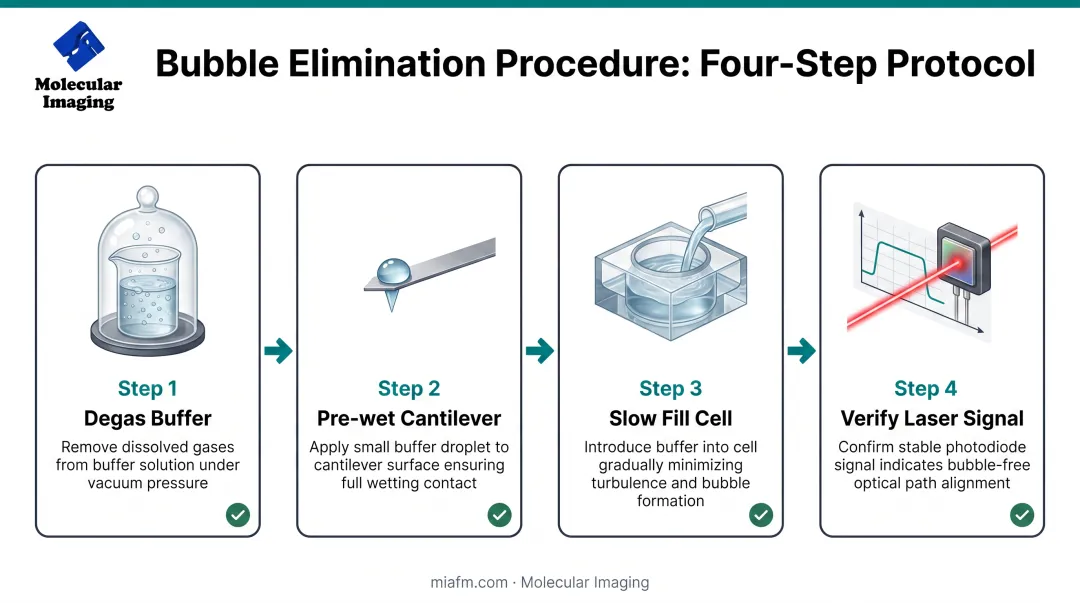 Four-step bubble elimination workflow for AFM fluid cell preparation and operation