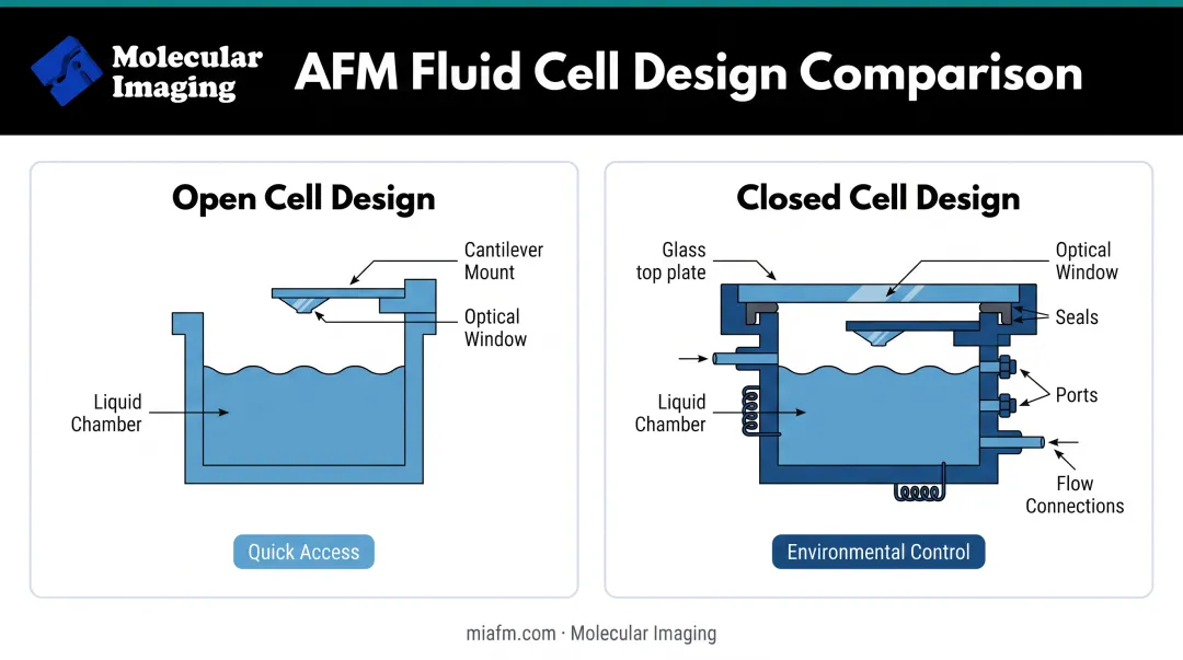 Open versus closed fluid cell design comparison showing key structural and operational differences