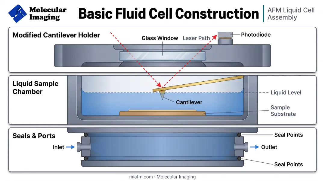 Basic fluid cell construction diagram showing sample chamber cantilever holder and optical components