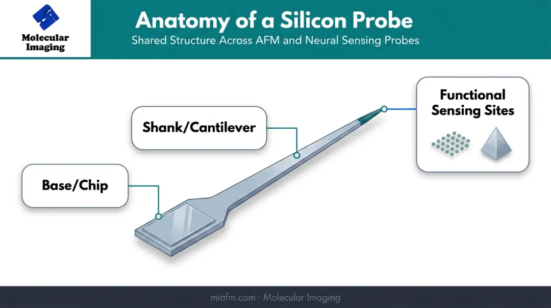 Silicon probe anatomy diagram showing shank sensing sites and base