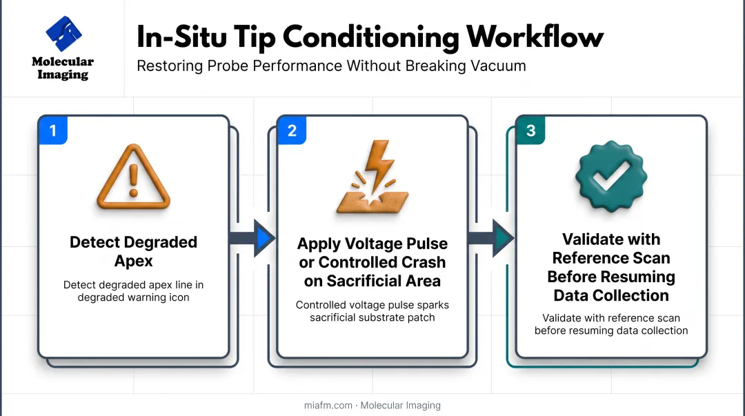 STM tip conditioning workflow using voltage pulsing and controlled crashes