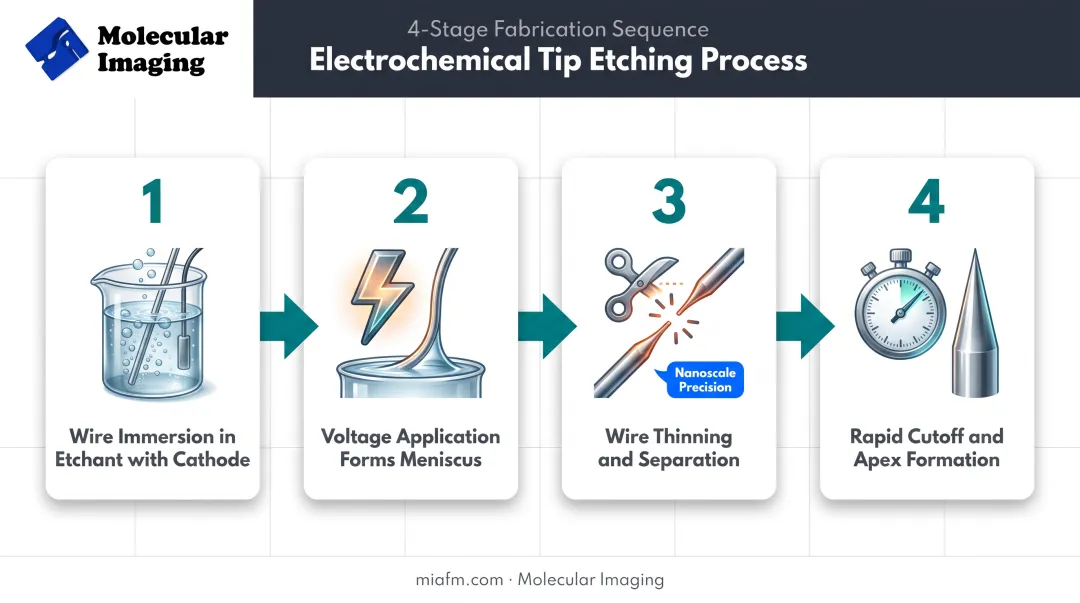 Electrochemical STM tip etching process from wire to sharp apex