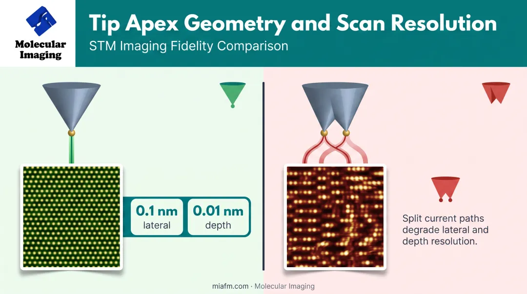 STM tip apex quality comparison showing single atom versus multi-apex effects