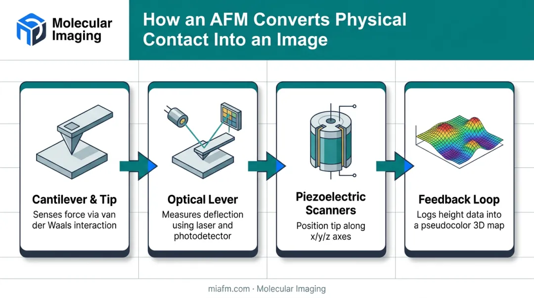 AFM signal detection process from cantilever tip to 3D image