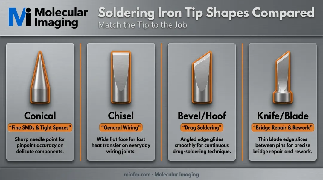 Conical chisel bevel and knife soldering tip shapes compared visually