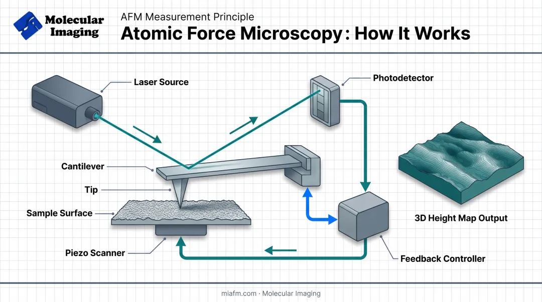 AFM cantilever tip scanning mechanism generating surface height map