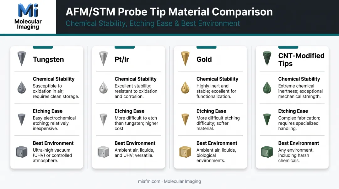 Comparison table of tungsten platinum-iridium gold and CNT STM tip materials