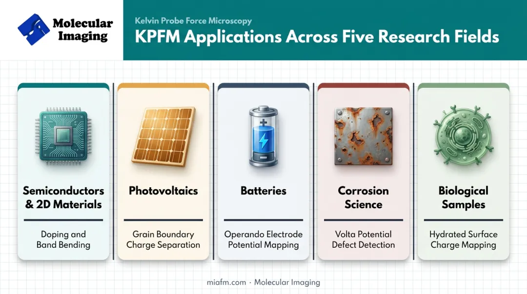 KPFM applications across semiconductors batteries photovoltaics and corrosion research