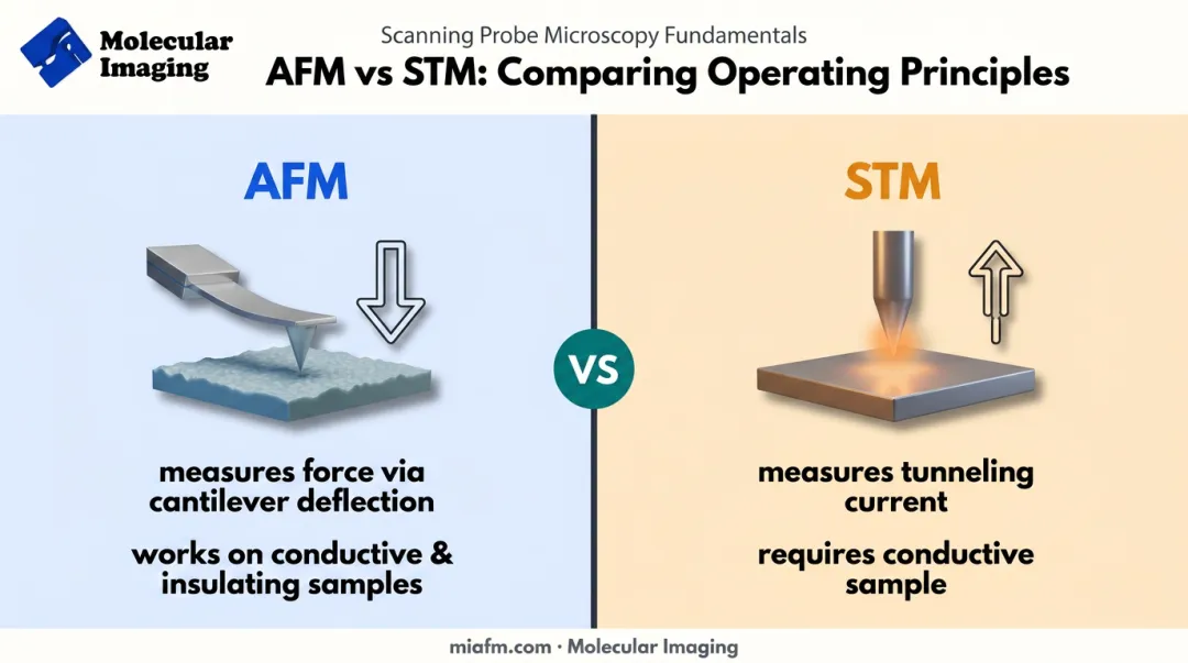 AFM force detection versus STM tunneling current comparison diagram
