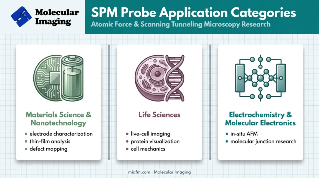 Three SPM probe application categories across research and industry fields