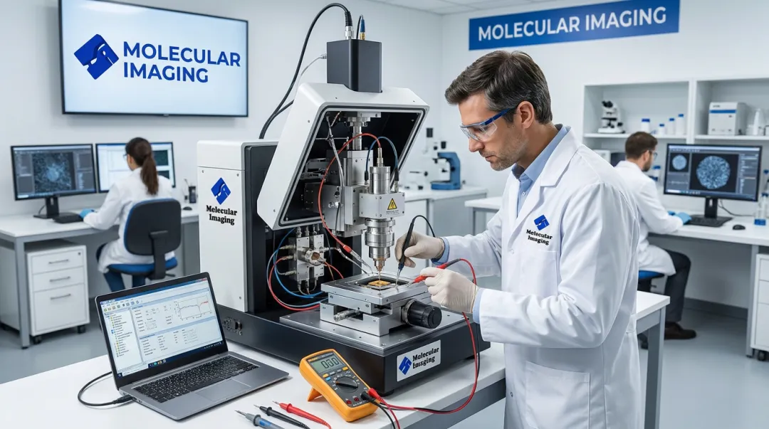 Molecular Imaging technician servicing AFM STM instrument in lab