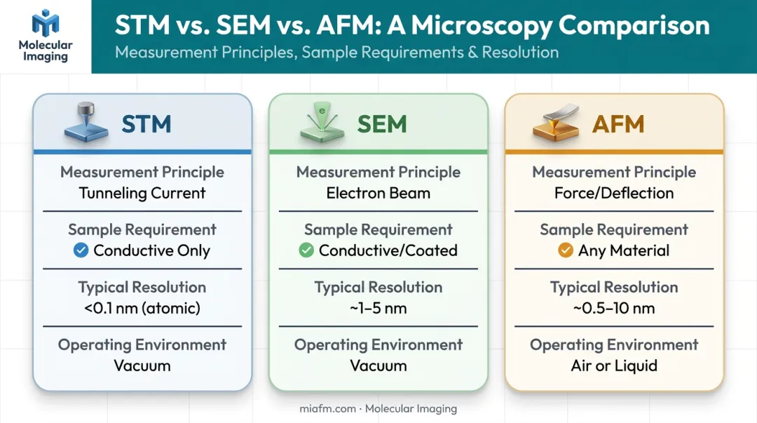 Comparison chart of STM SEM and AFM imaging techniques side by side