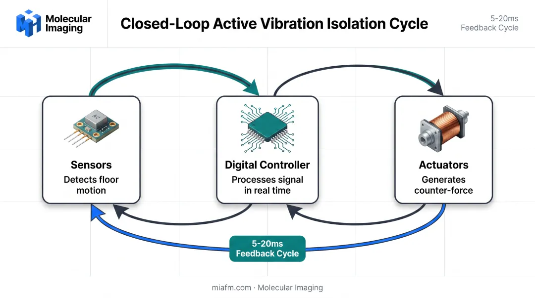 Active vibration isolation closed-loop system with sensors controller and actuators