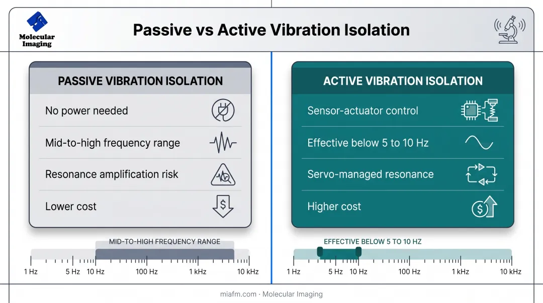 Active versus passive vibration isolation systems comparison chart by frequency