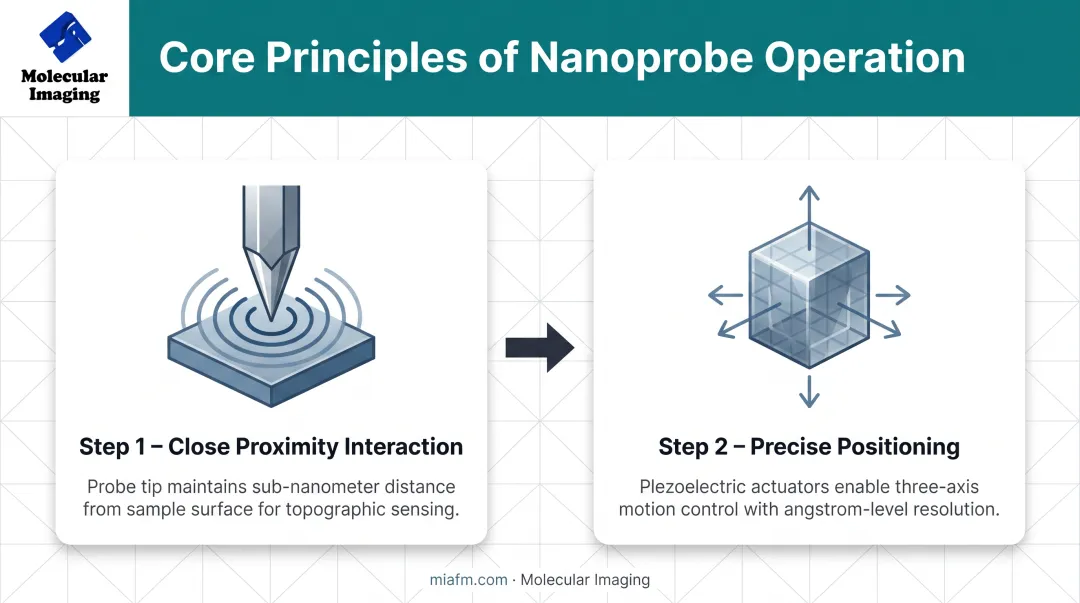Two-step nano probe operation process showing proximity interaction and precise positioning mechanisms