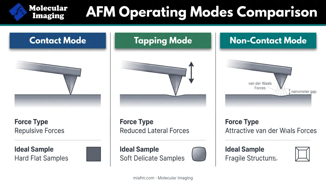 Three AFM operating modes comparison showing contact tapping and non-contact configurations