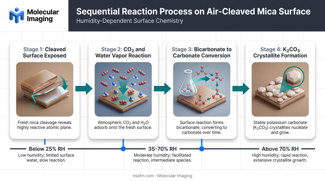 Mica surface chemical reaction timeline from cleavage to carbonate formation