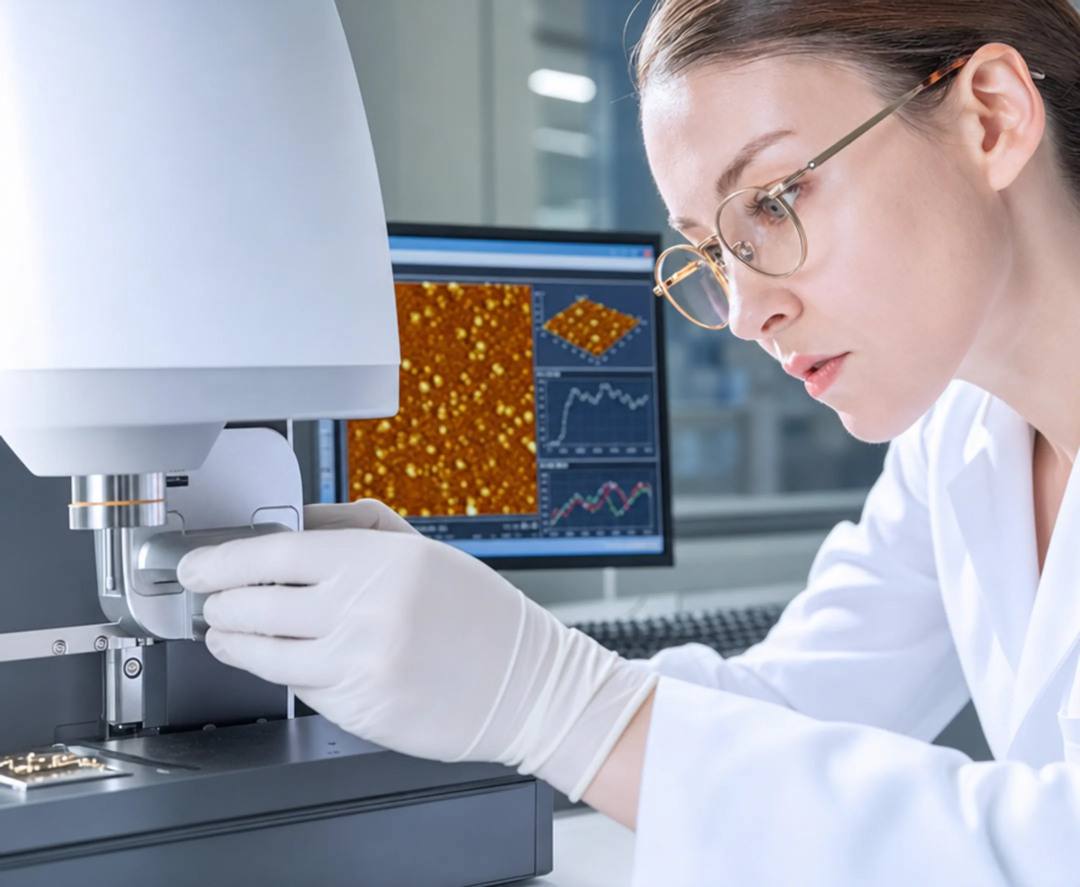 Semiconductor research lab technician operating atomic force microscopy equipment