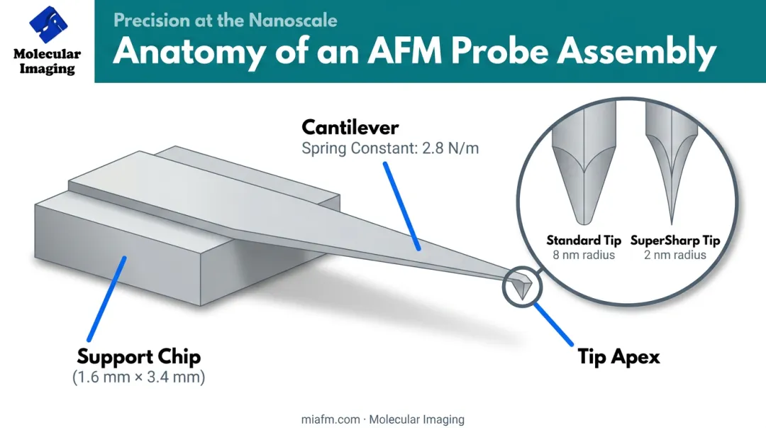AFM probe anatomy diagram showing cantilever tip and support chip