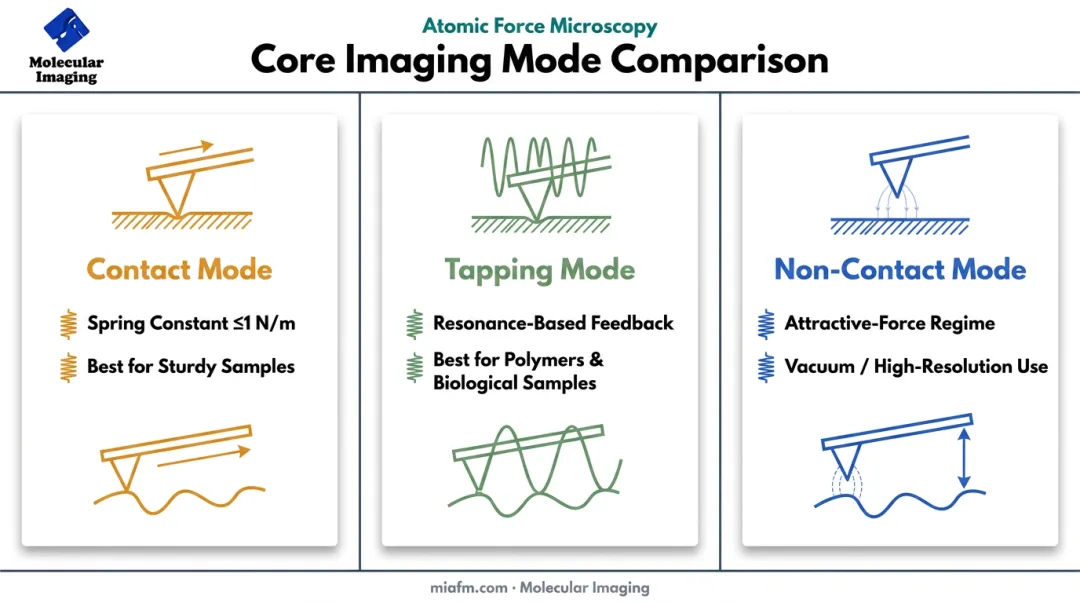 Contact tapping and non-contact AFM imaging modes comparison