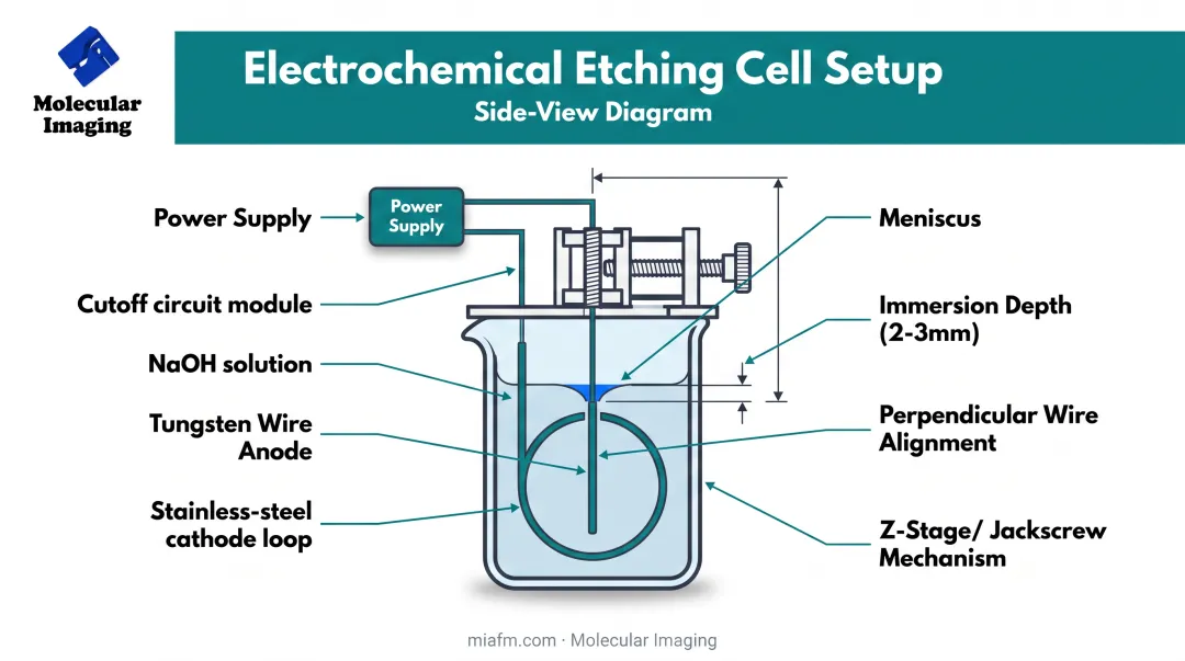 STM tip electrochemical etching cell setup diagram with electrodes