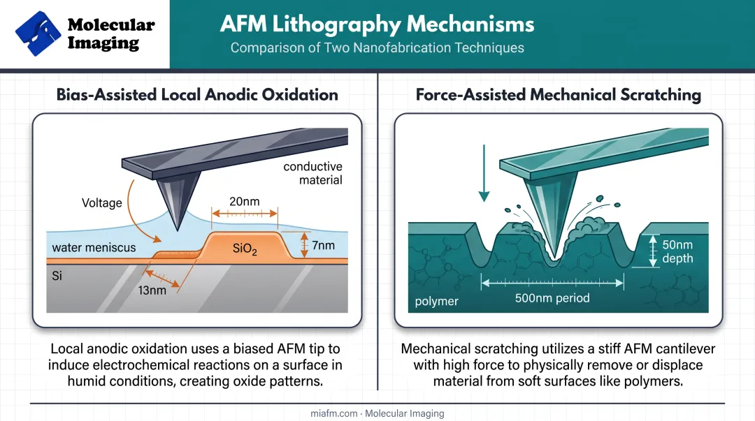 Bias-assisted oxidation versus force-assisted scratching AFM lithography mechanisms compared