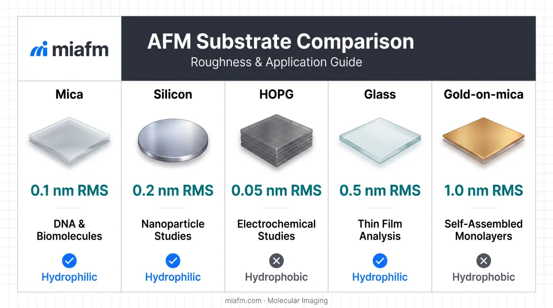 Comparison of AFM substrate types by roughness and application