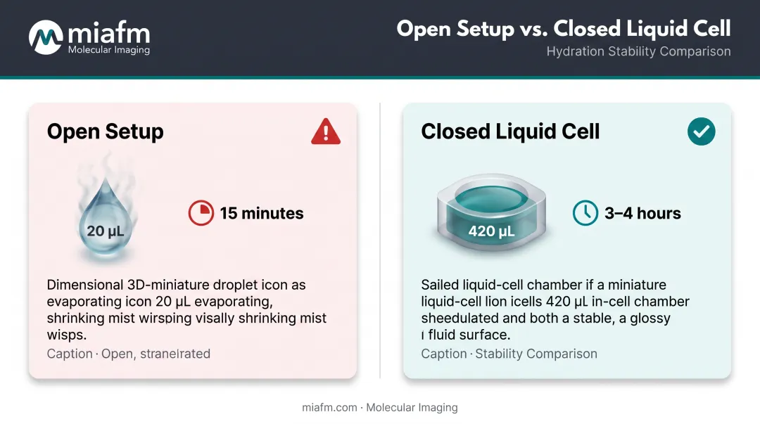 Buffer evaporation comparison between open cell and closed liquid cell setups