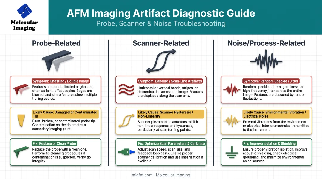 AFM imaging artifacts diagnostic chart showing symptoms causes and fixes
