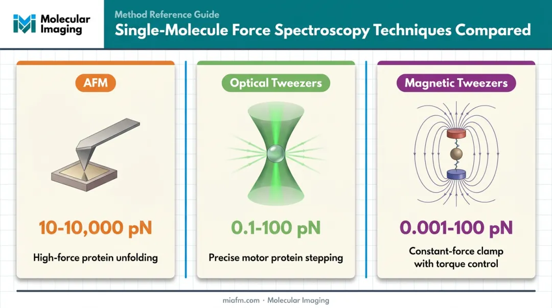 Comparison of AFM optical tweezers and magnetic tweezers force ranges and applications