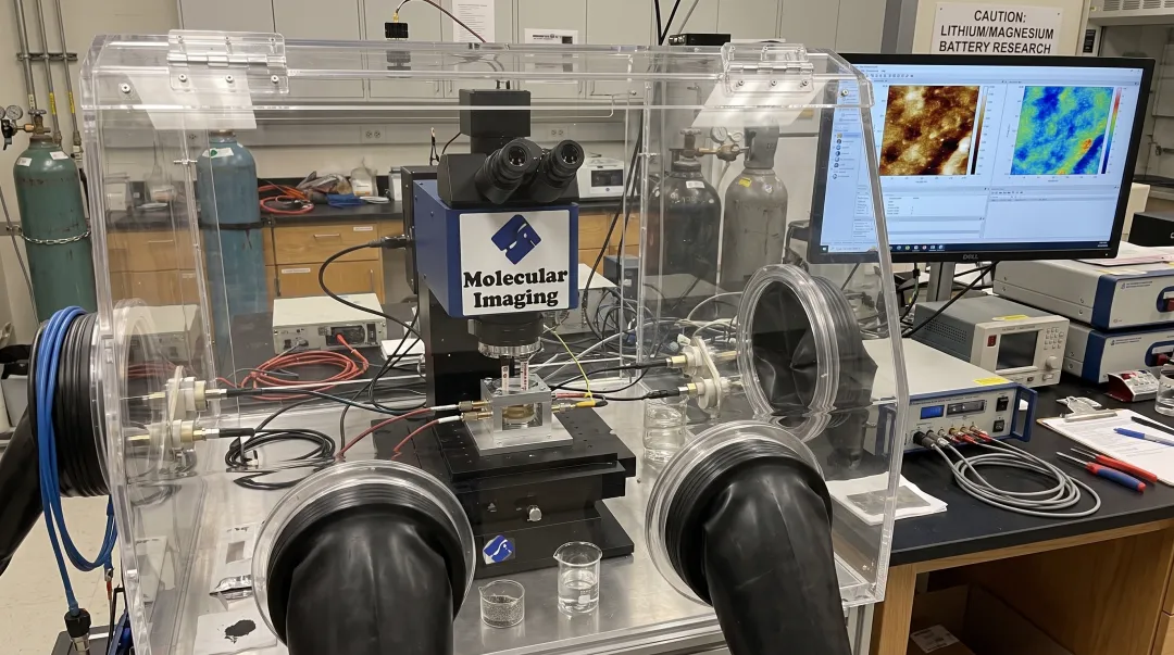 Electrochemical AFM setup imaging battery electrode surface in glove box