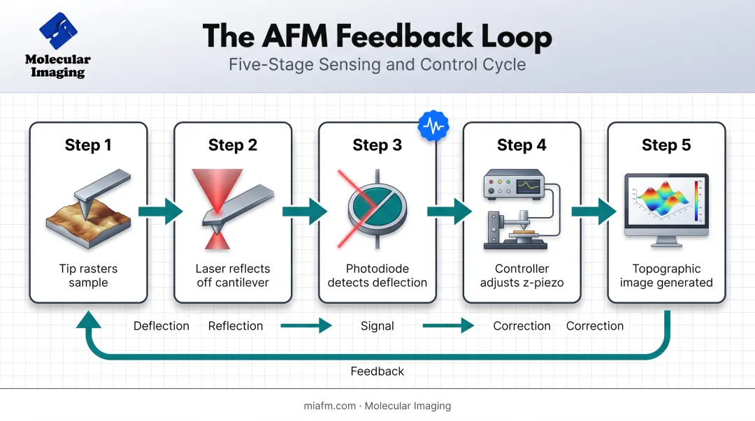 AFM feedback loop diagram showing tip laser and piezoelectric scanner