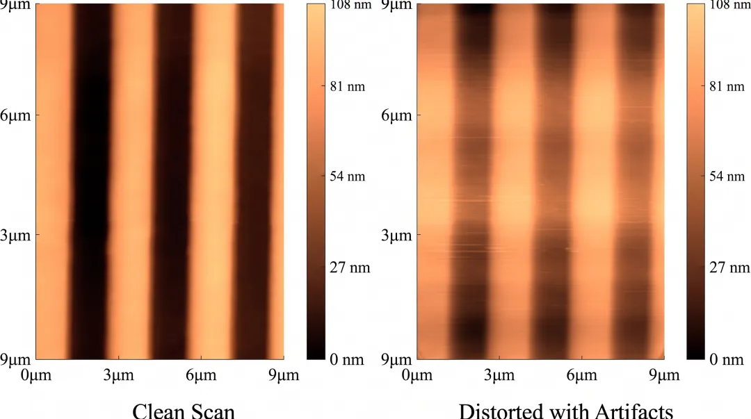 AFM scan image showing tip convolution and scanner drift artifacts