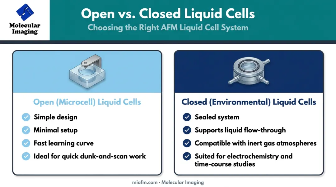 Open versus closed AFM liquid cell design feature comparison