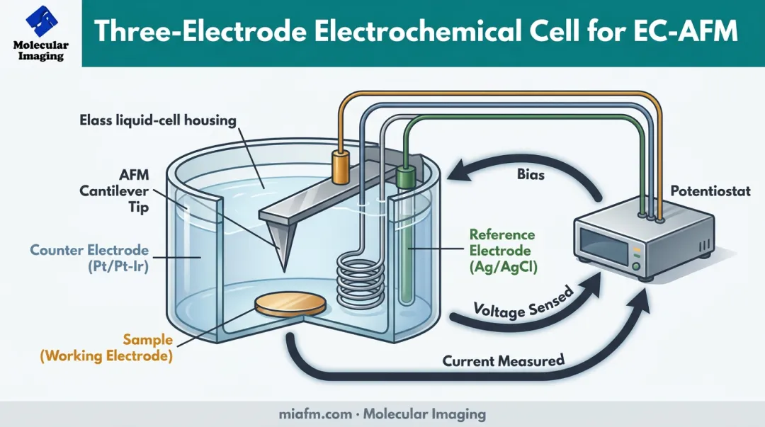 Three-electrode EC-AFM electrochemical cell setup diagram with potentiostat
