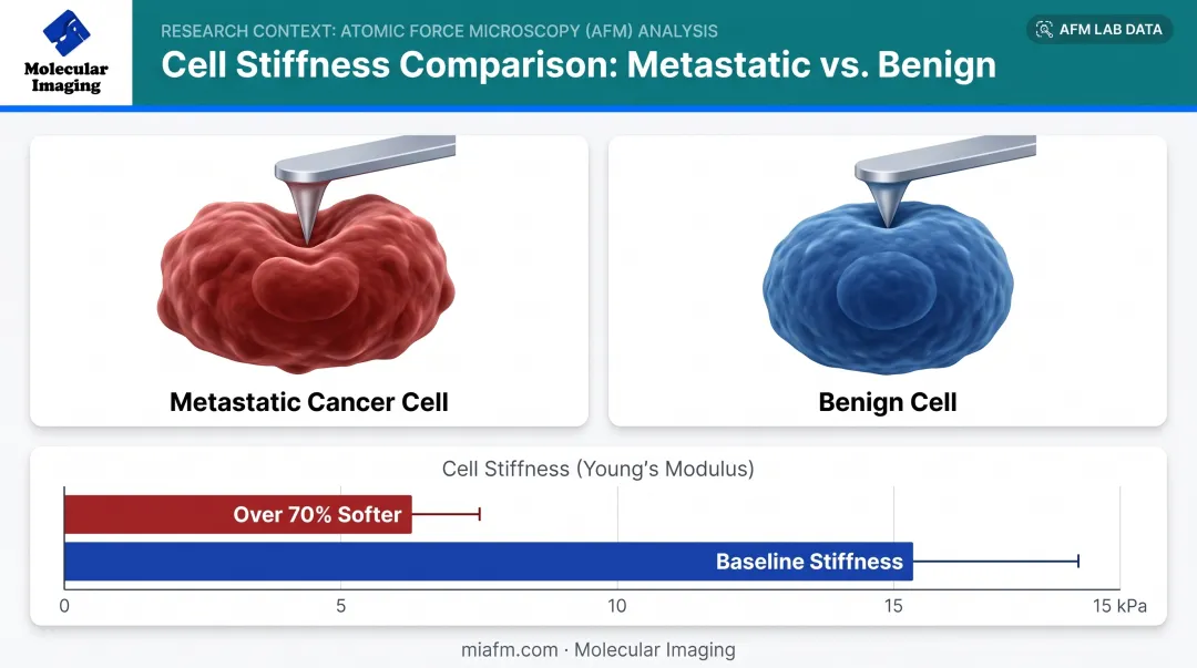Metastatic cancer cell versus benign cell stiffness comparison chart