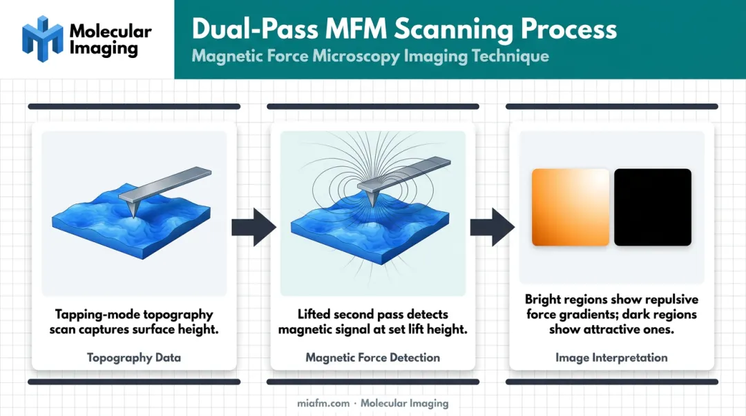 Dual-pass MFM lift-mode scanning process and contrast interpretation stages
