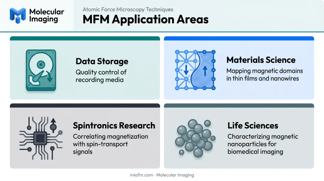 MFM applications across data storage materials science spintronics and life sciences