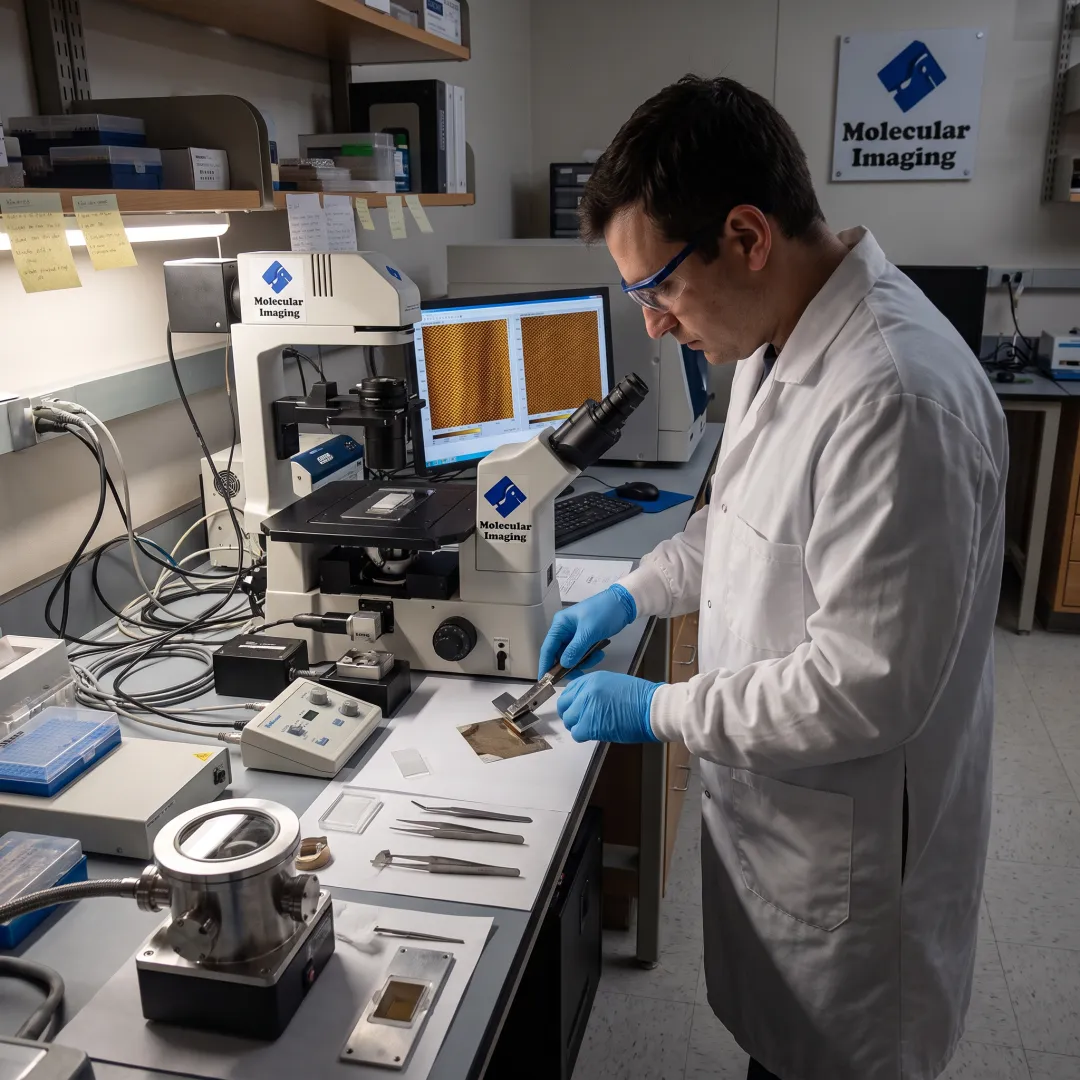 Researcher preparing mica substrate for AFM imaging