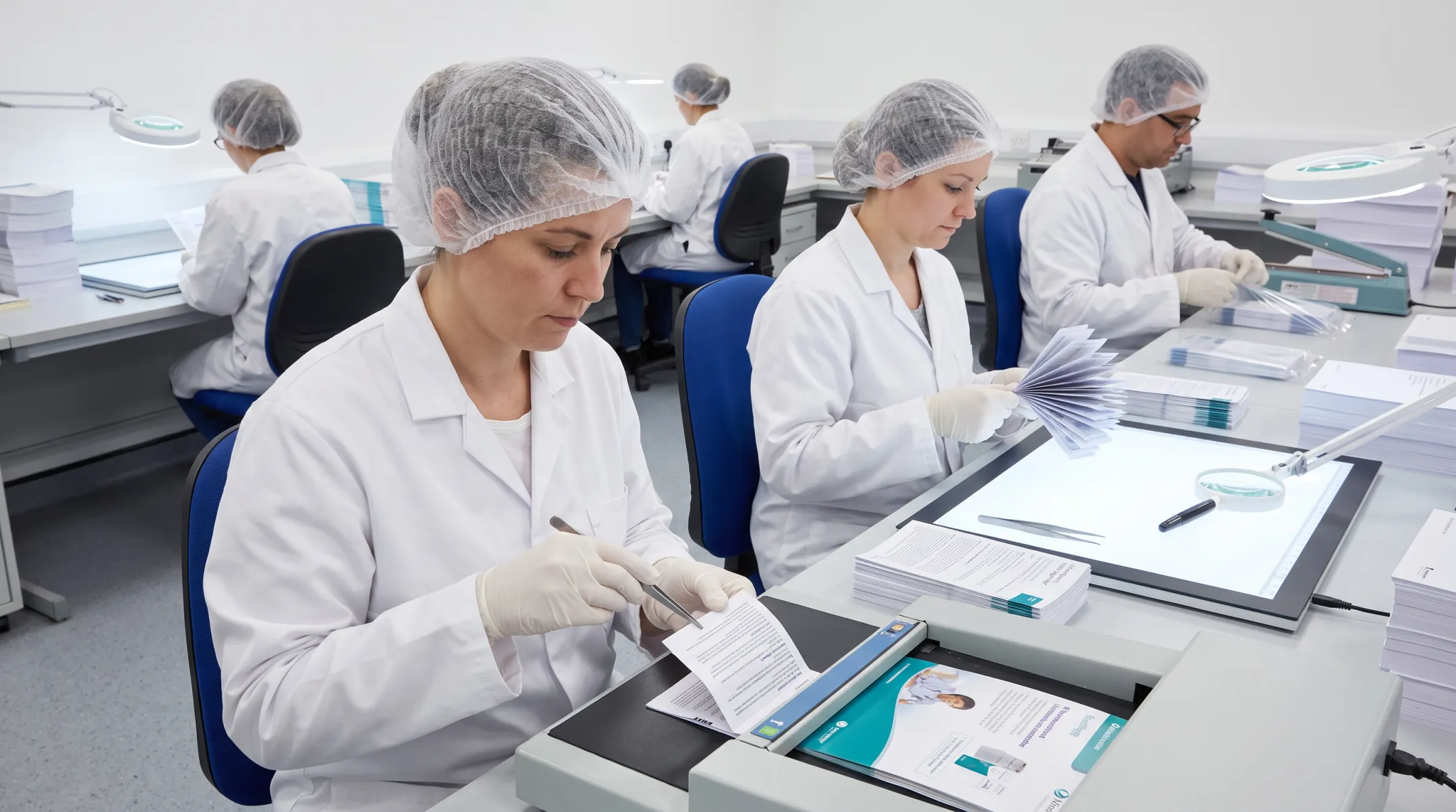 Michigan Paper Die hand bindery team assembling pharmaceutical inserts